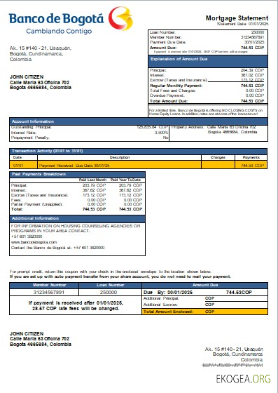 Colombie Banco de Bogotá relevé hypothécaire bancaire scr
